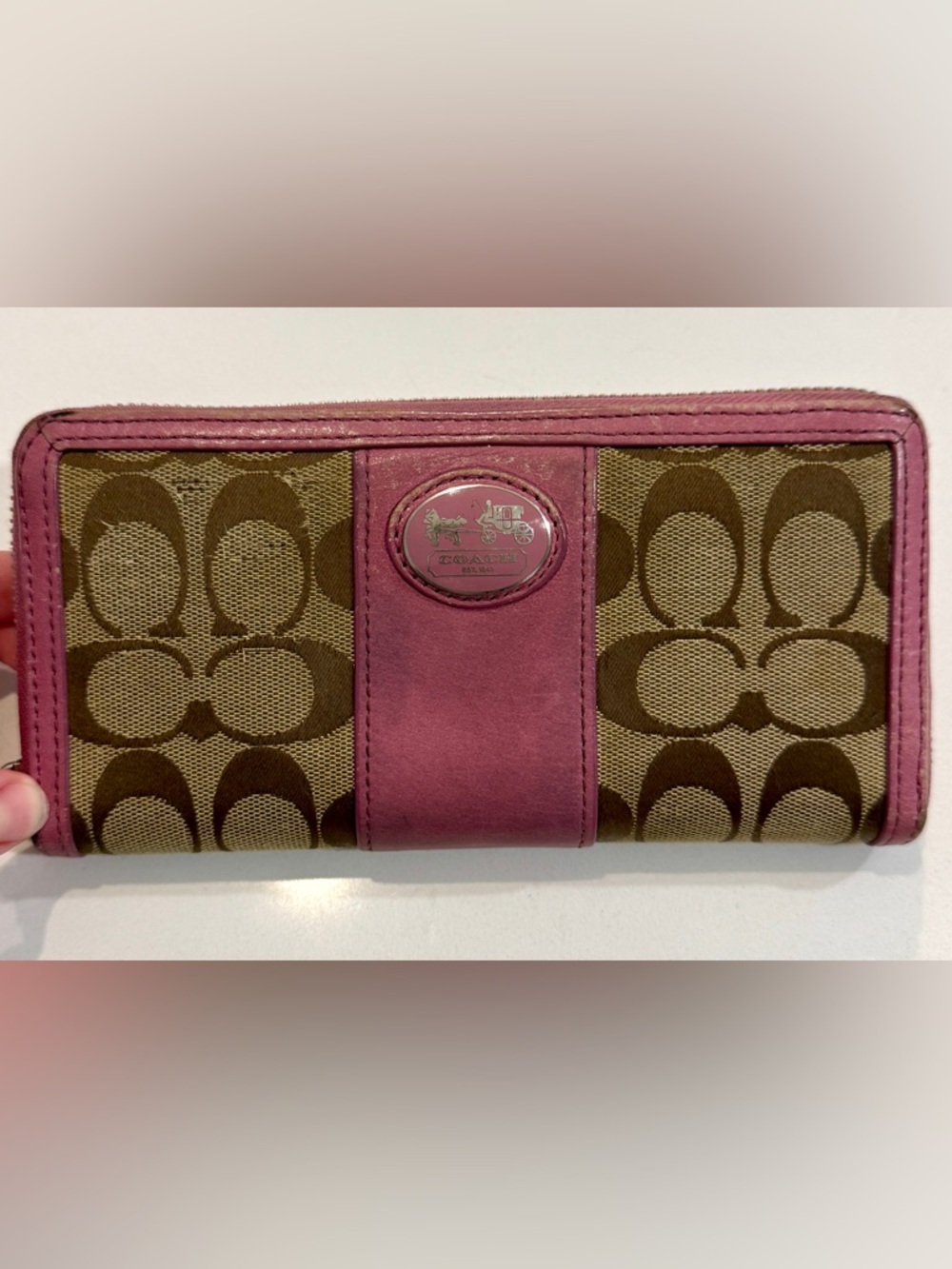 Coach Brown Signature Canvas Wallet with Pink Leather Accent - Project/Upcycle